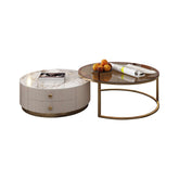 Modern round coffee table set with sintered stone top, 2 drawers, and metal legs